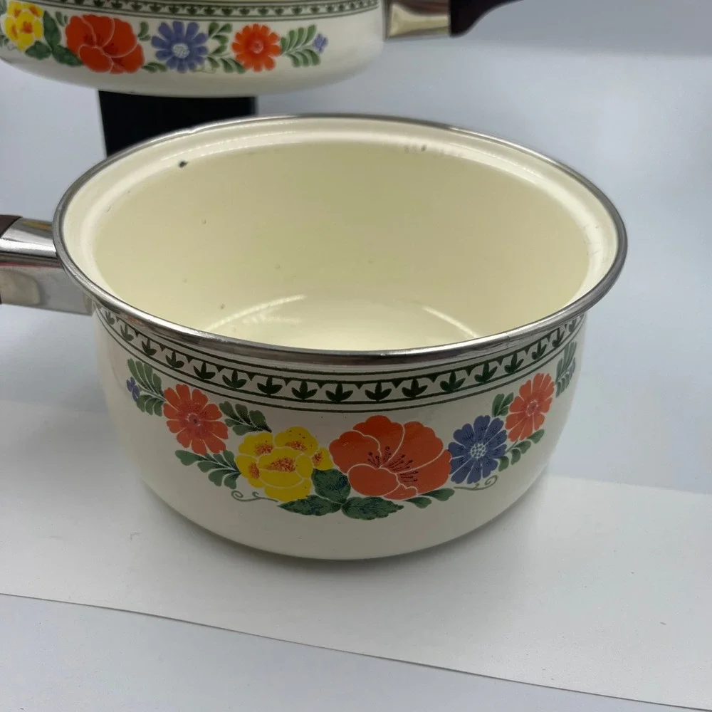 Vintage Villeroy & Boch Alt Amsterdam Floral Enamel Saucepan Skillet Set Cream